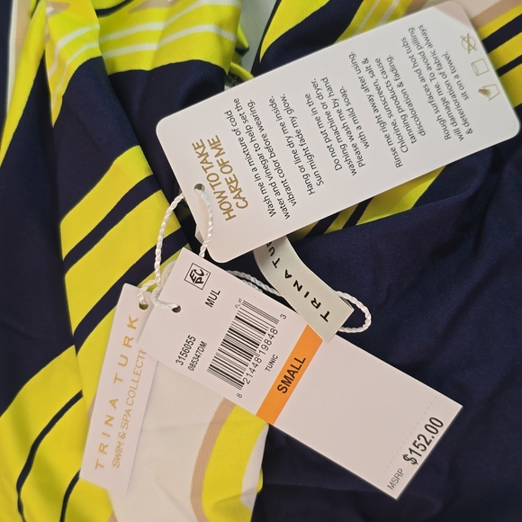 Trina Turk Serena Swirl Yellow Navy Stretch Swim Cover Up Dress Tunic Mini Small - Picture 5 of 11